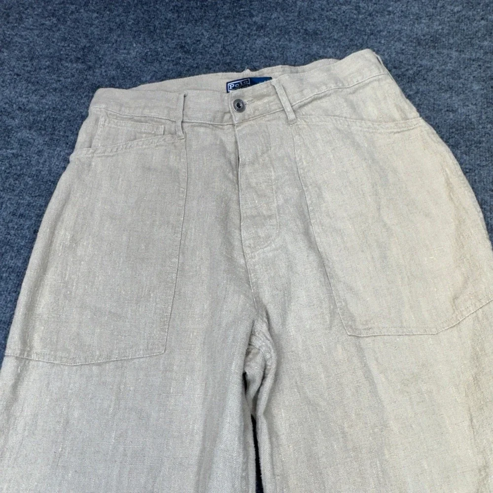 Vintage Polo Ralph Lauren Linen Buckle Back Pants Mens 34 Beige Wide Leg Deck